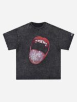 Hip Hop Mouth Printed Washed Out T-shirt