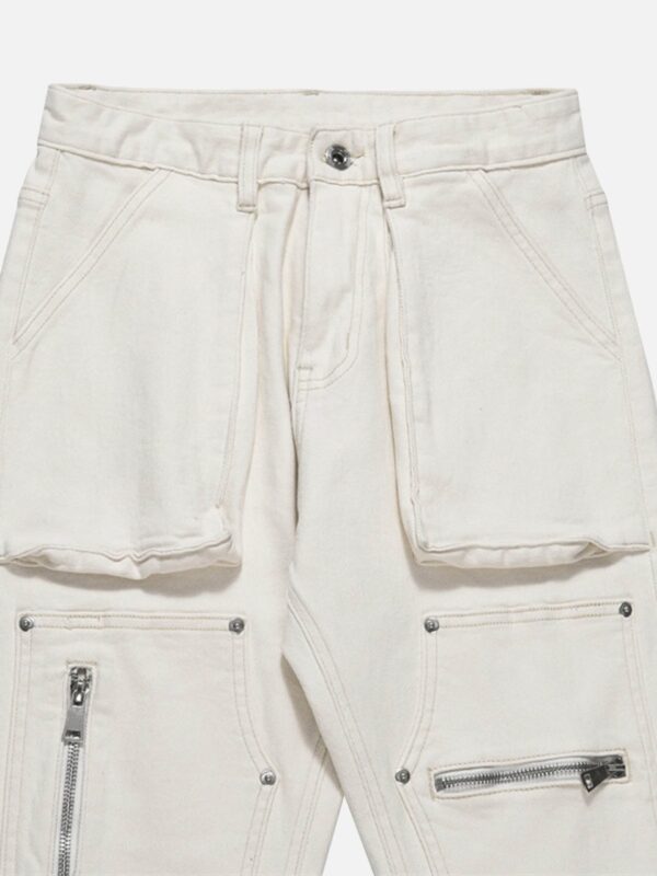 High Street Zipper Patchwork Pocket Denim Pants Straight Leg