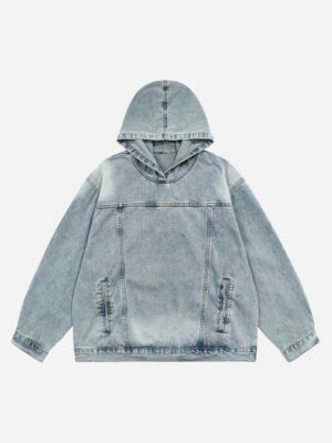 High Street Washed And Worn Denim Hoodie - 1464