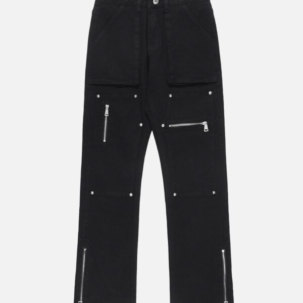High Street Zipper Patchwork Pocket Denim Pants Straight Leg