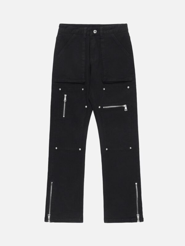 High Street Zipper Patchwork Pocket Denim Pants Straight Leg