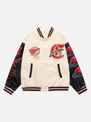 American Patchwork PU Leather Sleeve Embroidered Alphabet Baseball Jacket