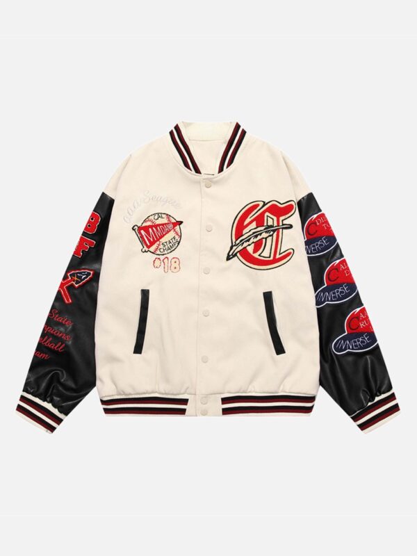 American Patchwork PU Leather Sleeve Embroidered Alphabet Baseball Jacket