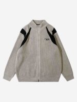 American Style Color Blocking Zipper Cardigan Sweater Loose Knit-1509